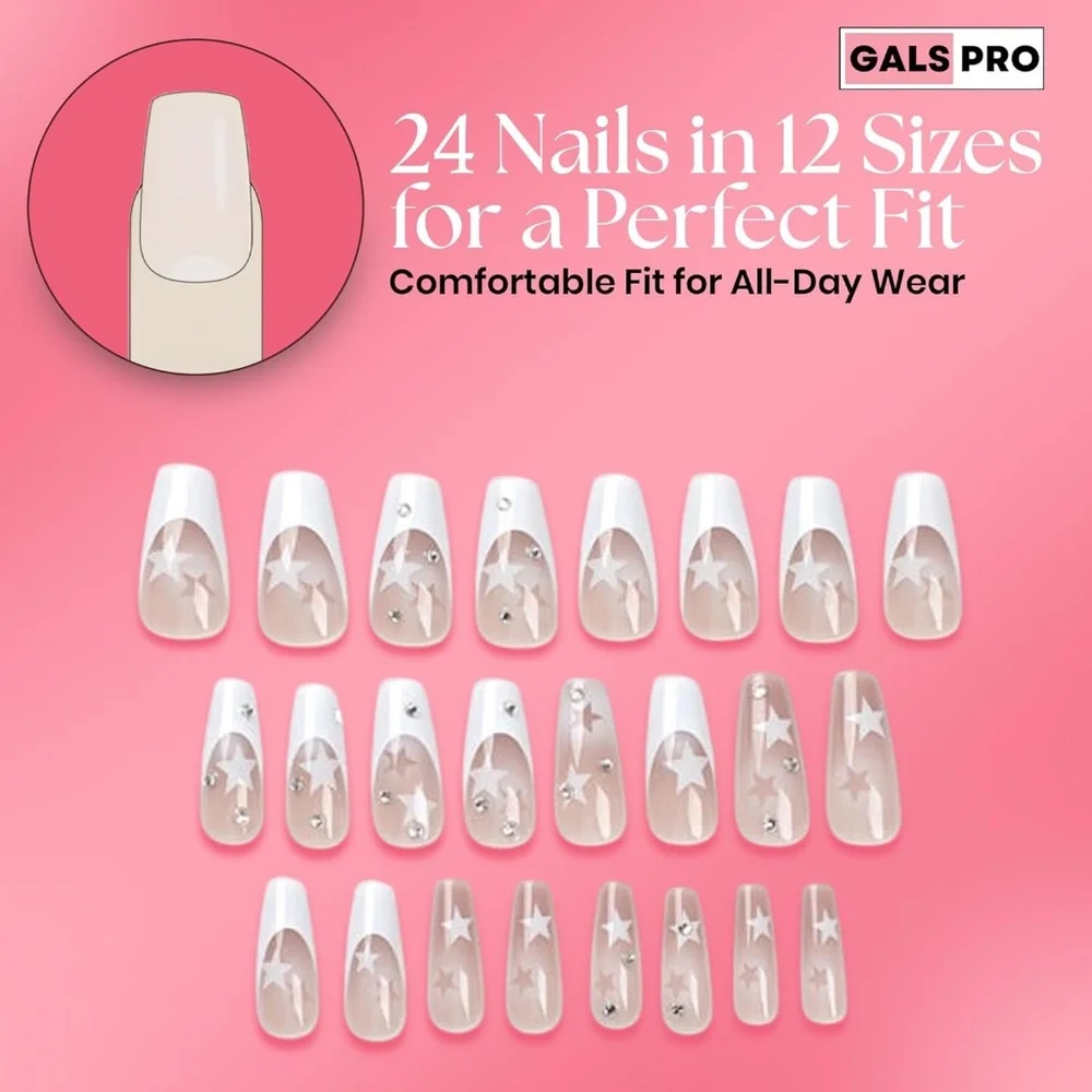 Dazzling Starry French Tip Medium Coffin Press-On Nails